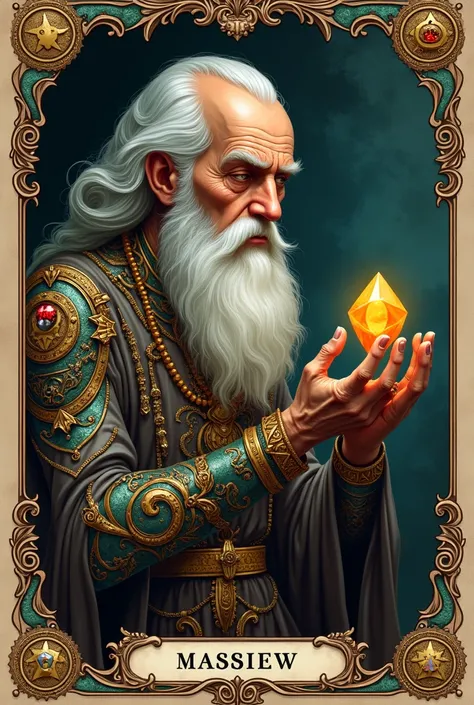 Create a 2-D drawing of an old man with a full body jewelry artifice fascinated with a gemstone in his hand in the antique tarot card style
