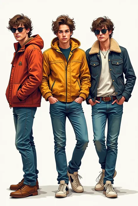 80s fashion for men  ,  that represent the colors of that time  ,  had the clothes that  , The style that  ,  wore the accessories that they wore ,  draws 3 boys with different styles and with a comic look and who have a dance pose and are separated from e...