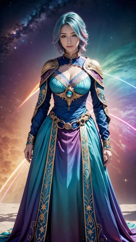 Girl wearing turquoise dress armor with rainbow-colored hair and details,  standing , rainbow-colored space nebula background , star, galaxy,  Exquisite Details ,  perfect face without magic circle, god rays, UHD