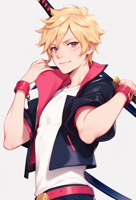 Boruto,boy,age 16,solo,blonde hair,spicky short hair cropped,cute,eye scar,white shirt,black jacket woth pink inside,cuffs-folded,belt,1katana,cute,simple white background,boruto uzumaki