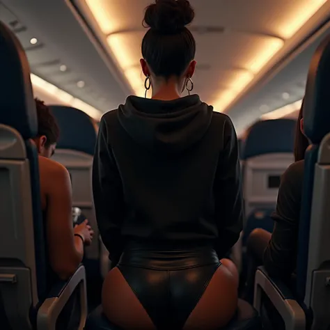 black woman hair in a bun black hoodie black leather short shorts setting on my lap backside view 1st person view on a airplane hyper realistic 8k