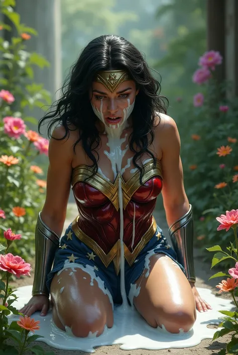 Realistic, wonder woman on knees and a lot of white cream like liquid flows on wonder woman face , wonder woman is crying for help, at Flower garden