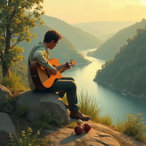 A man sitting on a rock with his back turned playing a guitar, some maracas on the floor and a landscape with a beautiful river. Album Cover style image
