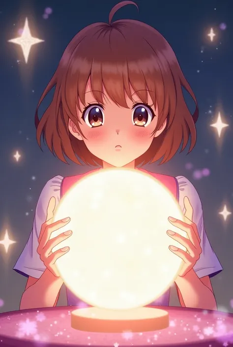 Sakura Card Captor and her crystal ball predicting the future , has short hair, She presents herself in a tender way with black hair
