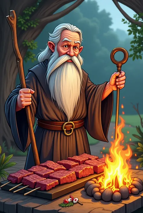 Gandalf the gray Lord of the Rings roasting pork ribs impaled on wooden sticks, with his characteristic cane in his hand , all in cartoon style 