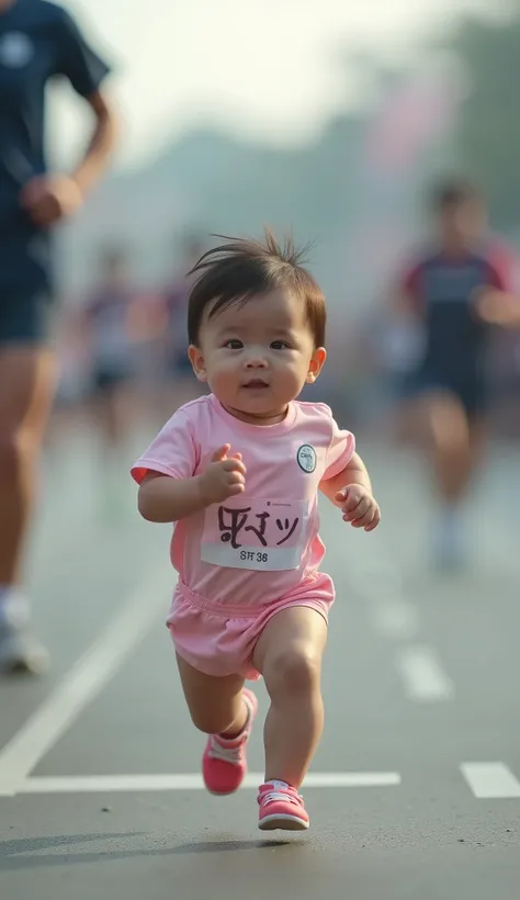  A small 3-month-old newborn Japanese baby is running a marathon at a marathon　There are baby runners around 　 high definition 、 top quality、 real　 realなphotograph　8k　photograph　reality　Extremely small baby 