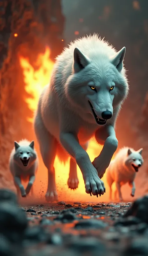 In cinematic 3D style ,HD image, colourful image ,realistic image.
Action,There is a huge white wolf inside a cave and there is a fire in his tail and he is jumping a lot and four wolves are standing behind him and they are laughing with their mouths open....