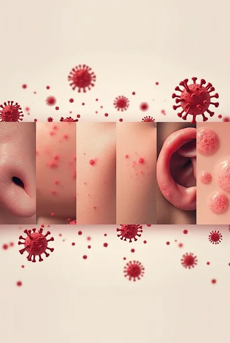 create a horizontal collage of rubella symptoms