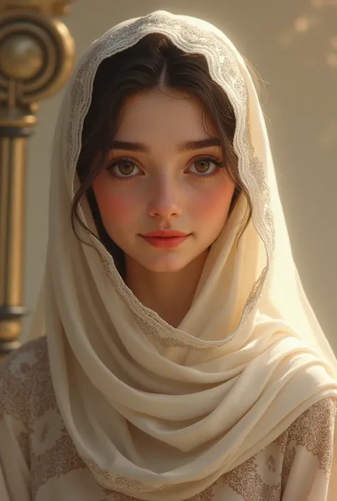 Aminah, a graceful young woman, dressed in traditional Arabic clothing with a beautiful closed veil, with intricate details and soft colors. He had a gentle and affectionate face, with shining eyes reflecting wisdom and kindness. Her expression is calm and...