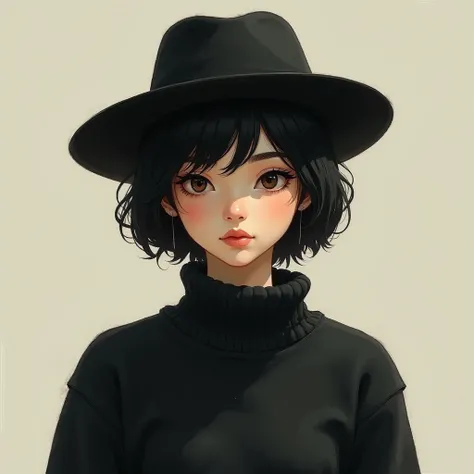 A girl short black movie ,  Black hair,  black sweater and a hat that Russians wear in drawing style