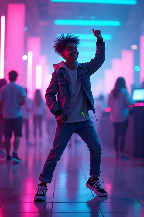 

" A young person dancing to electronic music in a vibrant environment.  The setting is a dance floor in a futuristic nightclub ,  illuminated by neon lights in shades of blue , purple and pink. The person is in the center of the scene, Dressed in modern ...