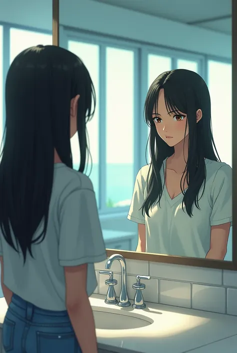 a realistic image of a black-haired girl in a very clean and illuminated public bathroom in front of the mirror and looking back looking at her pants