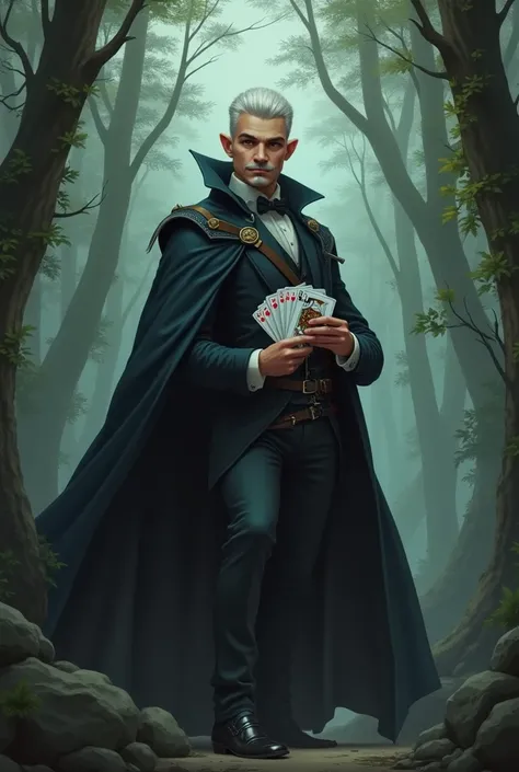 Make a rogue young human  , with short white hair shaved on the sides and brushed back,  moustache goatee all white ,  his eyes are silver and bright gray and he wears elegant clothes , Do him holding playing cards with an evil smile , He is on a rock ente...