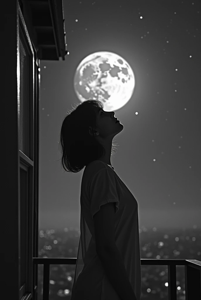 Black and white picture with surreal stype. A short hair beautifull girl stand on the 2th floor of the house, look up to dark sky ai night. The moon shinning with thoes stars spark