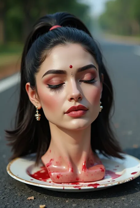 a beautiful actresss amputated head put on platter on road. Few blood spots around the neck. Amputated head has dark pony tail hair style, bindi on forehead precisely between eye brows, eyes closed, mouth sightly apart, wearing ear ring, tiny nose ring, an...