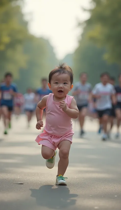  A small 3-month-old newborn Japanese baby is running a marathon at a marathon　There are baby runners around 　 high definition 、 top quality、 real　 realなphotograph　8k　photograph　reality　Extremely small baby 