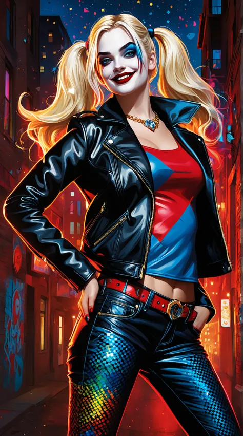 Create a vibrant palette knife oil painting of a more modest yet enchanting Harley Quinn (Dr. Harleen Quinzel) from DC Comics. She stands confidently in a fully clothed, colorful costume with a diamond pattern, featuring long leather pants and a stylish le...