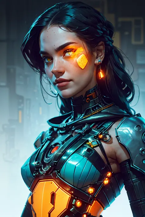 A futuristic, cybernetic artwork featuring an alien-like character with an oversized, round head adorned with intricate mechanical components in vibrant colors such as teal, magenta, orange, yellow, green, and red. The characters face is composed entirely ...