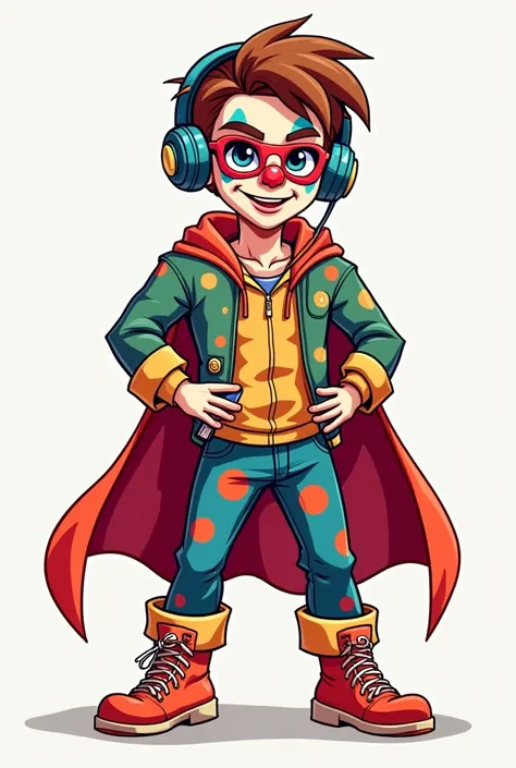 Cartoon-style image of a male teenager with a regular body wearing costumes of a colorful clown superhero wearing clown makeup and (with cell phone, headphones and sunglasses )