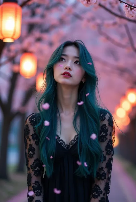 A medium shot of Miyuki, a beautiful 20-year-old beautiful Japanese woman with super long blue hair with black roots, a bit messy and a slightly larger than average bust, standing beneath a canopy of cherry blossoms in full bloom at twilight. She’s dressed...