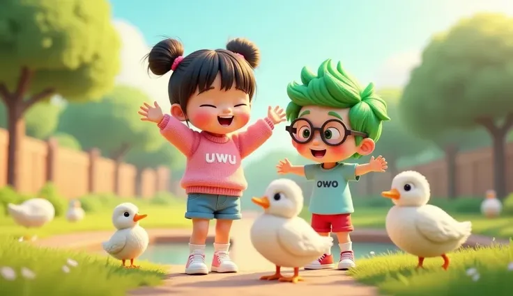 "A 3D Pixar animation scene featuring two adorable siblings interacting lovingly with ducks in a vibrant farm setting. Uwu, a  girl with her hair in two buns on top and bangs, clear hair fiber, wearing a pink sweater with uwu written on it, blue shorts, sh...