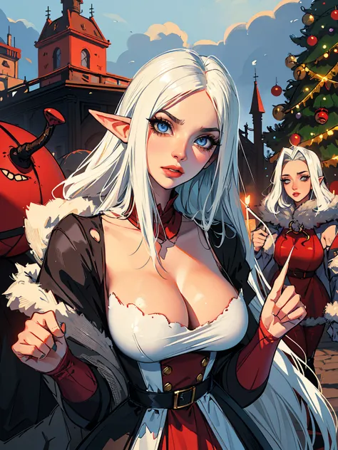 sexual Ms. Claus (classic costume, breasts, large breasts), slutty, multiple female Christmas elves (feminine bodies with large breasts, feminine faces), gangbang, monster, horror, white hair, slender body, blue eyes, mascara, torn clothes