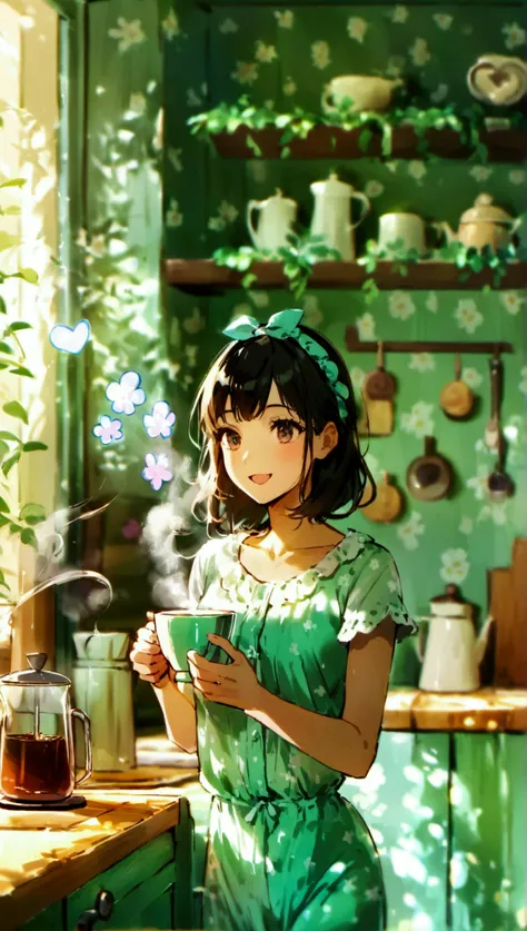 A pastel-themed kitchen with a young Japanese woman standing at a wooden counter, holding a pastel-colored mug filled with freshly brewed coffee. She smiles softly, gazing at the steam rising from the mug, which forms whimsical shapes of a cat and a heart ...