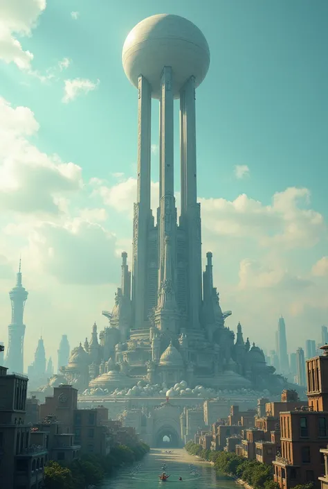  a city , that is capable of teleporting .  In its center there is a tower that is divided into three columns and a sphere floats in it.   There are no buildings in the city , And the view is from afar the city is small 