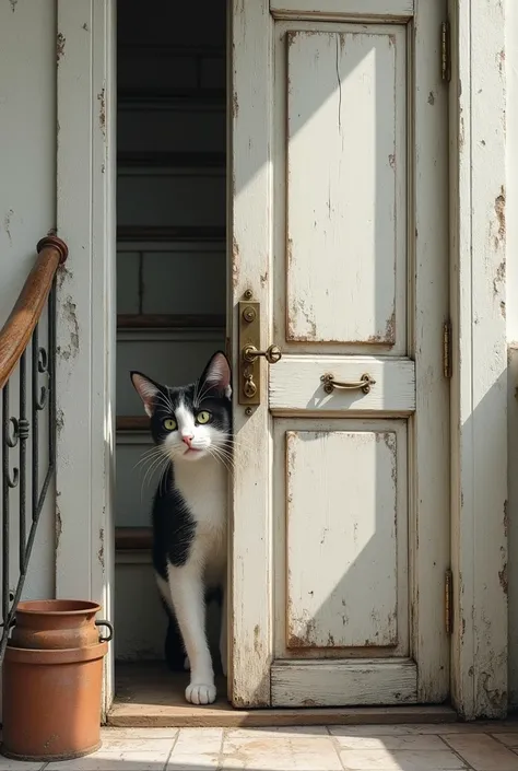 A slightly opened double sided locked  door which is made of white coloured old  wood and is located near an old  white staircase with a stair fence made of old white steel and a black patched cow Patterned adult Male Cat is peeping through the door with R...