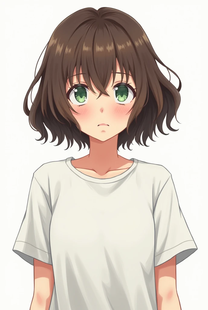  old girl,  short wavy brown hair,  green eyes, loose-fitting white t-shirt ,  anime style, serious gesture, the frown or rougher , annoyed, SLIGHT DARK CIRCLES