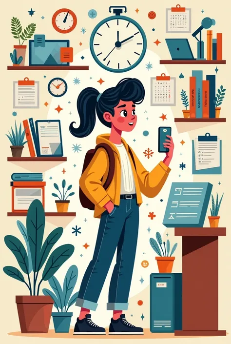 A poster portraying of being productive as a student, an effective time management, a proper public speaking and a professional development. All in one frame without text, only drawing 