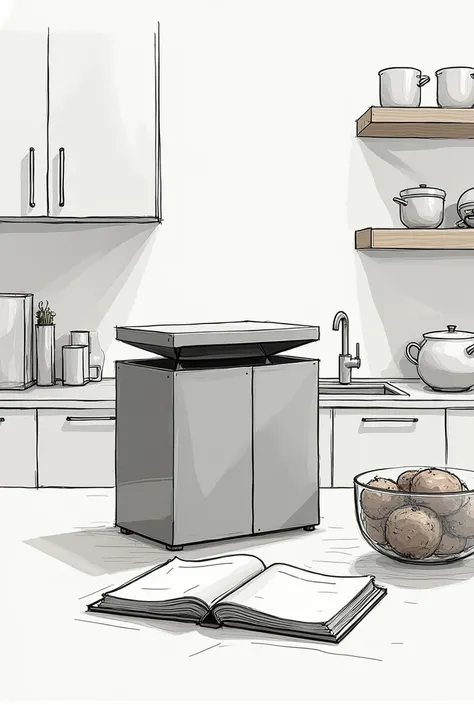 A sketch of the composting product that will turn food waste into compost from a few perspectives of pain in the kitchen associated with dictorgen prism with lid and paper open on the counter