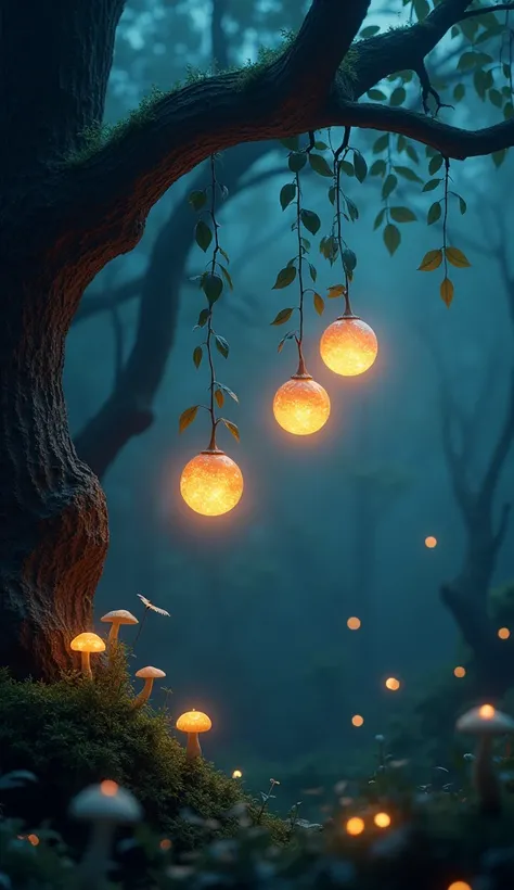 A highly realistic image of three glowing fruit barries  hanging on a tree in a dark forest with glowing mushrooms and fireflies in the background