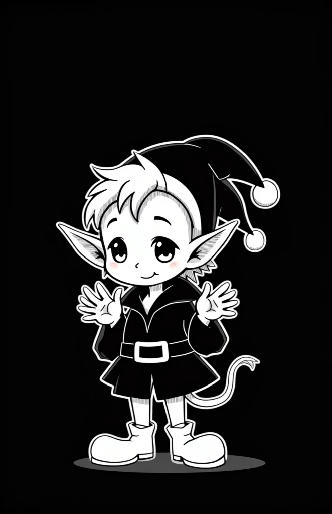 A small, stylized, cartoon elf-like creature, positioned slightly off-center to the left of the image.  The creature is depicted in a simple, black line drawing style, featuring a Jesters hat and a dark jacket.  It appears young, with large pointed ears, a...