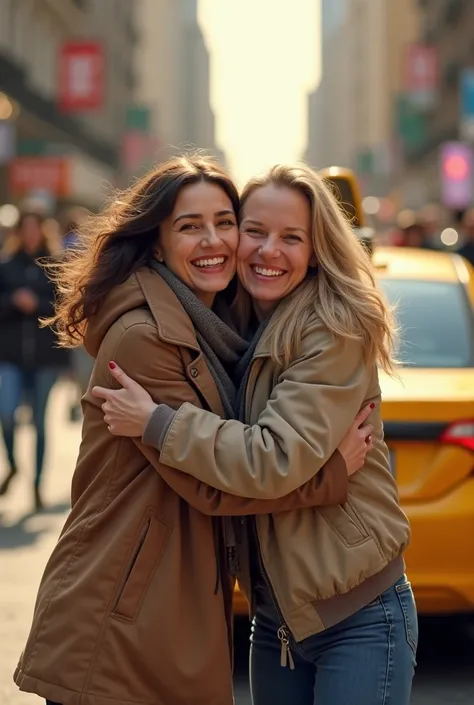 Mom runs to hug her adult daughter with a yellow taxi in the background