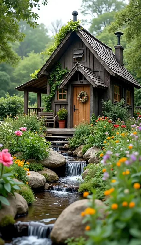 Create a garden with a small garden house.
An old staircase, which was transformed into a small waterfall, a little twich, which is fed by. There should be a small veranda in front of the garden house. The rest should be rounded off with perennials, a herb...