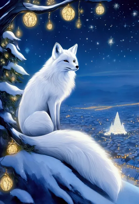 cute fantasy illustration of plump white fox dressed as aristocrat waiting for his lover at place with beautiful night view on hill with glittering Christmas tree, ultra detailed, absolutely resolution, masterpiece