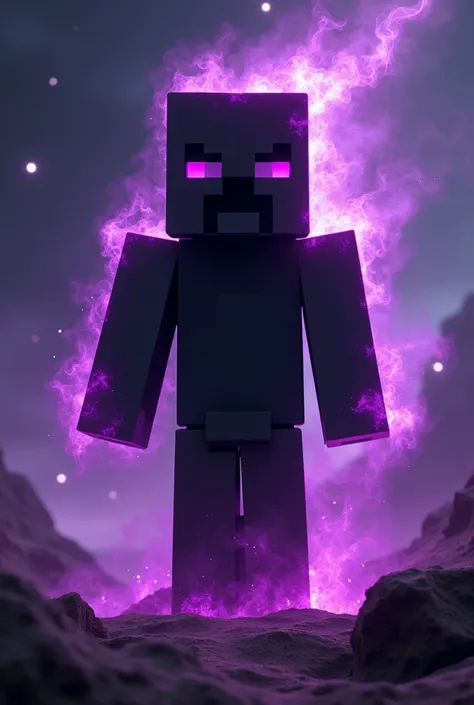 An image of a black entity in the form of a skin in Minecraft with a solid skin without variations with a face with a total purple aura coming out of the whole body in a Minecraft piola world in space with a purple spectral axe separating universes