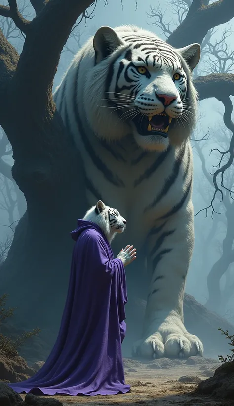 realistic portrait of a white tiger wizard wearing a purple wizard robe praying and paying respects to a large carved statue of a tiger monster, under a large, spooky oak tree