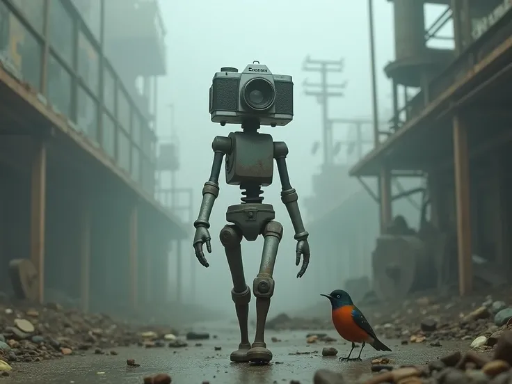 Create a surreal scene featuring a humanoid figure with a vintage camera integrated into its head, blending industrial and biological elements. The figure is walking through a foggy, gray dystopian environment, surrounded by remnants of decaying buildings ...