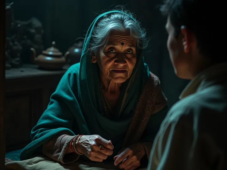 "An old Bengali woman sitting in a dimly lit room, her face full of wisdom and a hint of fear. She’s telling a mysterious story to a young man. Her hands are shaking slightly, and her eyes are wide with caution as she speaks. The room is filled with ancien...