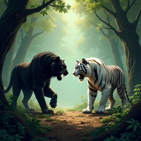 A dangerous black tiger and dangerous white tiger face to face in forest 