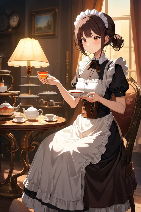 1 girl, (cute face), 20 years old, (playful smile), medium breasts, slim, (wearing elegant steampunk maid outfit:1.4), knee length skirt, (lace apron), BREAK  
Victorian mansion, ornate furniture, (serving tea:1.2), (tidying up the room:1.2), indoors, BREA...