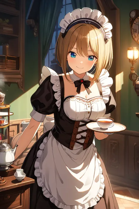 1 girl, (cute face), 20 years old, (playful smile), medium breasts, slim, (wearing elegant steampunk maid outfit:1.4), knee length skirt, (lace apron), BREAK  
Victorian mansion, ornate furniture, (serving tea:1.2), (tidying up the room:1.2), indoors, BREA...