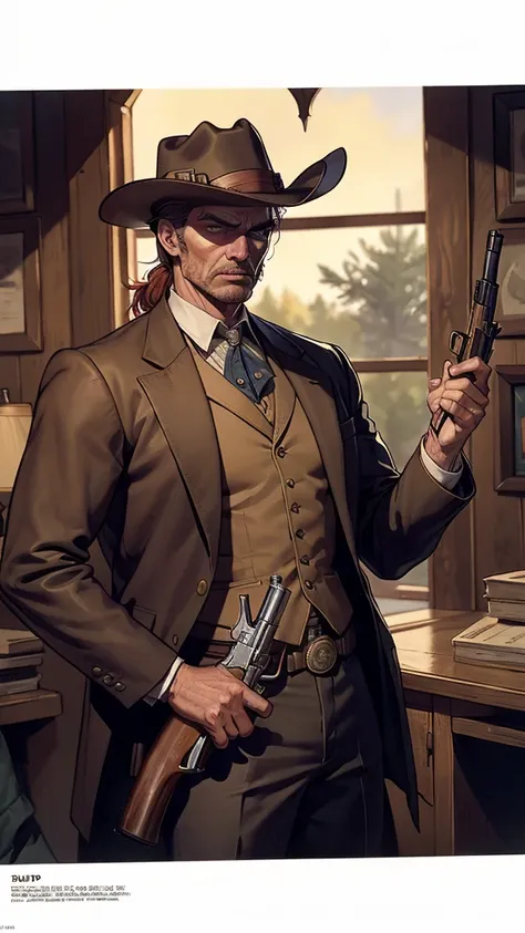  a close up of a man in a suit and hat holding a gun, old west, old west, dressed as a western sheriff , in the old west,  de um filme de Clint Eastwood , Western Gunman, Trump em RDR2, liam neeson como burl gage,  Magazine scan ,  inspired by Dirck van de...