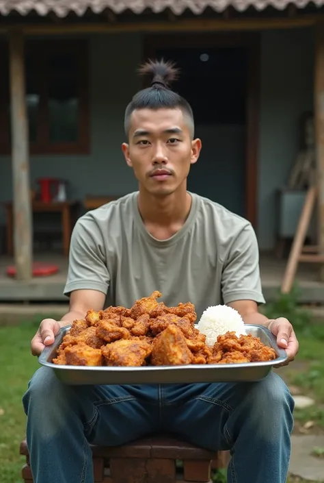 A handsome korean guy , shaven head there is a bundle of hair on top in a long pigtail, wearing a t-shirt,  long jeans and sneackers ,  sitting smiling in front of the house , his hands are holding a large tray of chicken side dish rice , rural atmosphere ...