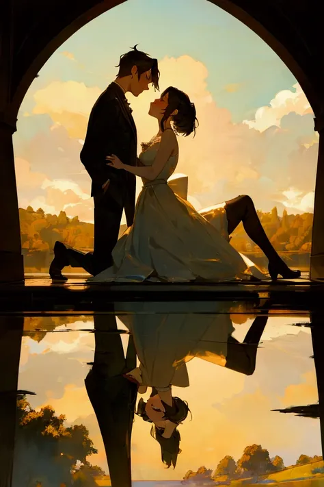 Do a pose of a couple .  sitting on the tender floor; in a beautiful landscape