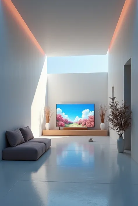 A room with a minimalist theme where in the distance you can see the TV on broadcasting an animated film