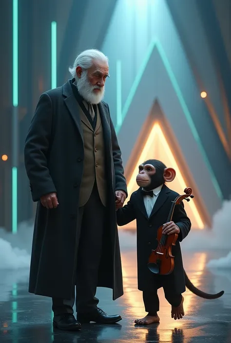  An elegant elderly person is standing on a futuristic stage ,  wearing slightly worn classic clothing ,  with realistic age details on his face and hands .  He holds a small, well-dressed monkey in his right arm .  The monkey wears a sophisticated classic...