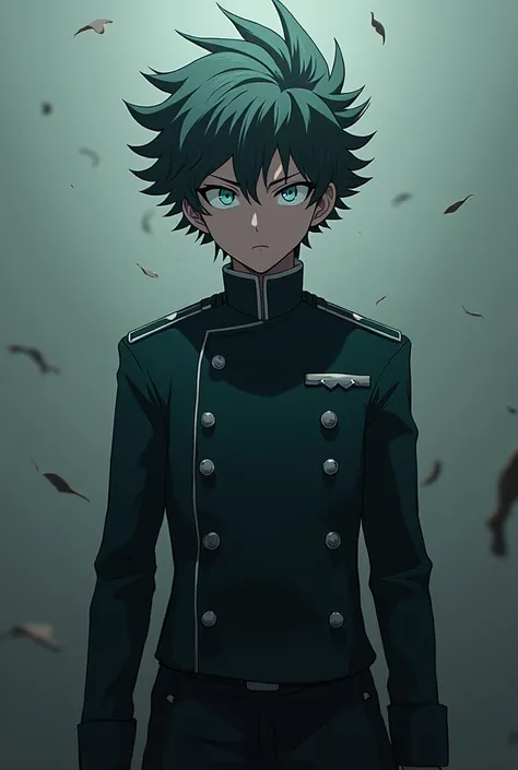 Screenshot of my Heroe Academia boy with gray green and dark blue hair with gray eyes looking like a villain and wearing the UA Academy uniform